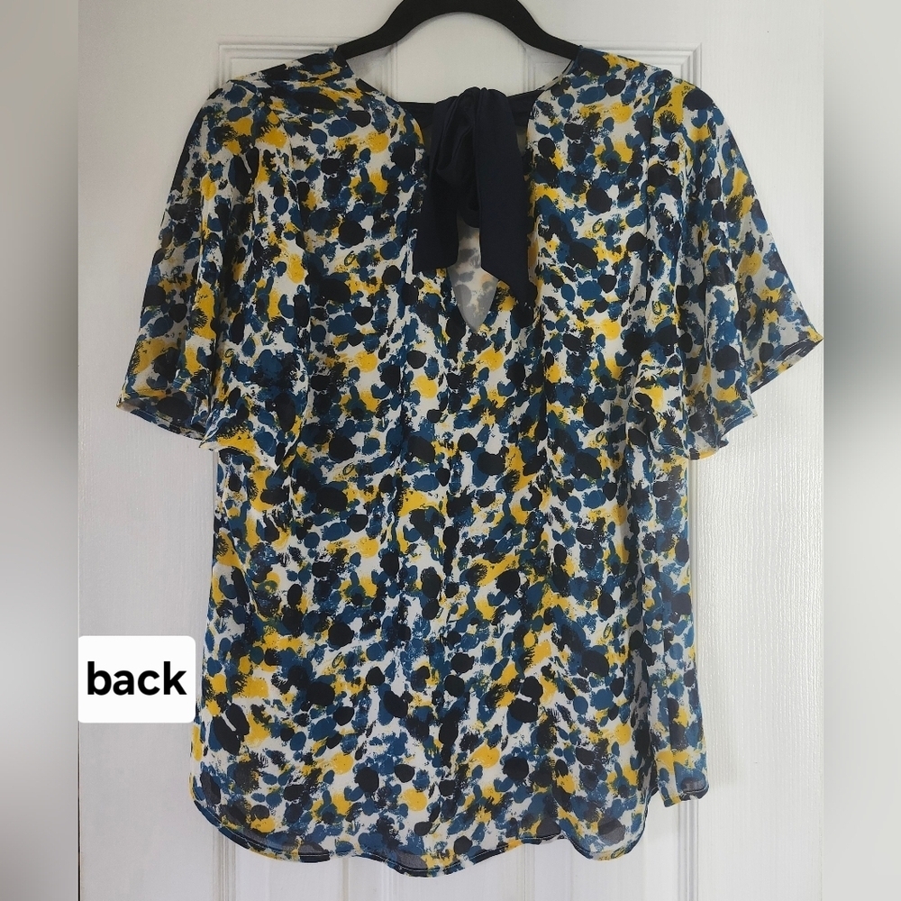 H&M Size M Flowy Abstract Print Summer Women's Top With Back  Blue Bow - Picture 2 of 10